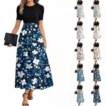 Женское элегантное модное повседневное платье с цветочным принтом и поясом, короткими рукавами и круглым вырезом L бежевый