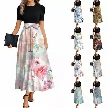 Женское элегантное модное повседневное платье с цветочным принтом и поясом, короткими рукавами и круглым вырезом L синий