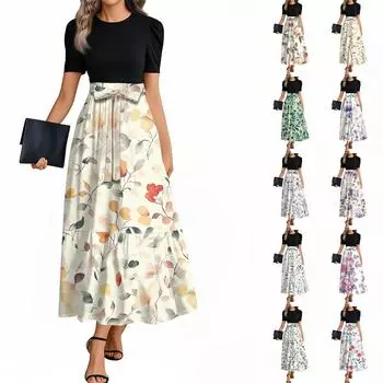 Женское элегантное модное повседневное платье с цветочным принтом и поясом, короткими рукавами и круглым вырезом L синий