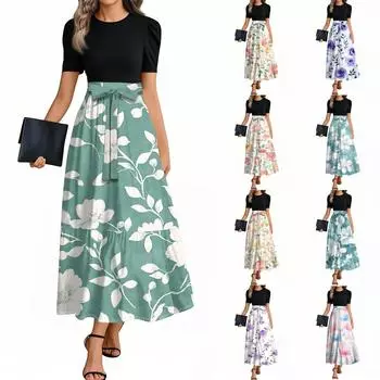 Женское элегантное модное повседневное платье с цветочным принтом и поясом, короткими рукавами и круглым вырезом XL фиолетовый