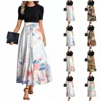 Женское элегантное модное повседневное платье с цветочным принтом и поясом, короткими рукавами и круглым вырезом XXL синий