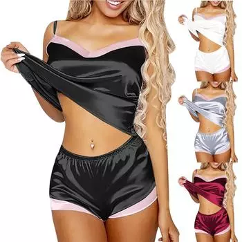 Женское элегантное модное сексуальное нижнее белье с v-образным вырезом и принтом, атласное нижнее белье, пижамный костюм L чёрный