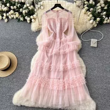Женское элегантное модное вышитое сетчатое вечернее платье в стиле пэчворк, весеннее, с длинными рукавами, темпераментное, высокого класса, длинное платье А-силуэта S розовый
