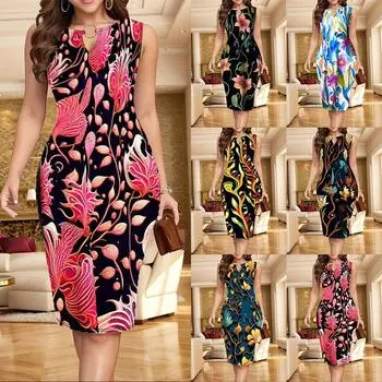 Женское элегантное облегающее платье без рукавов с круглым вырезом и принтом длиной до колена 4XL чёрный