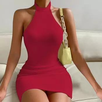 Женское элегантное однотонное платье-карандаш с открытой спиной и бретельками через шею S красный