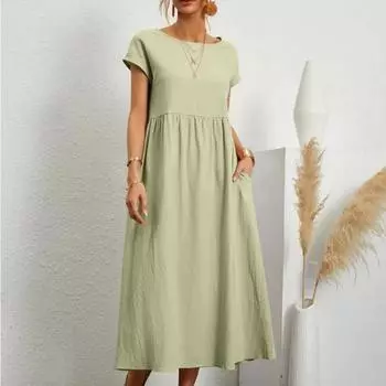 Женское элегантное однотонное платье, летнее удобное свободное длинное платье из хлопка и льна с короткими рукавами и круглым вырезом в стиле Харадзюку S светло-коричневого