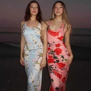 Женское элегантное платье без рукавов с цветочным принтом и открытой спиной, длинное платье 2024 года, летняя одежда оптом для бизнеса L бежевый