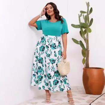 Женское элегантное платье-халат с принтом «Темперамент» и круглым вырезом, с завышенной талией 0XL небесно-голубой