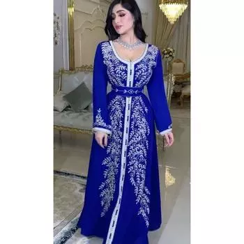 Женское элегантное платье-кафтан с V-образным вырезом и длинными рукавами со стразами для подружек невесты на Ближнем Востоке, длинное свадебное платье, великолепное вечернее макси-бальное платье S синий