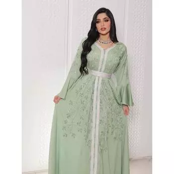 Женское элегантное платье-кафтан с V-образным вырезом и длинными рукавами со стразами для подружек невесты на Ближнем Востоке, длинное свадебное платье, великолепное вечернее макси-бальное платье S зелёный