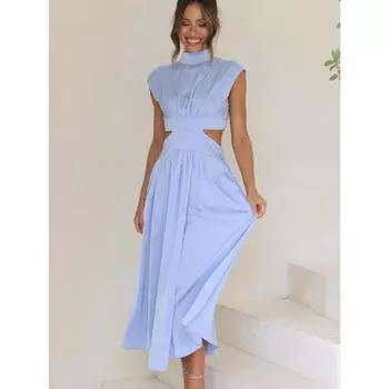 Женское элегантное платье, летнее модное повседневное однотонное платье без рукавов с открытой спиной, женское сексуальное полое плиссированное длинное платье S красный