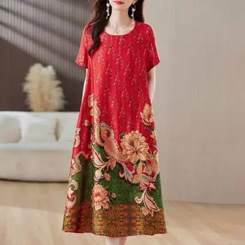 Женское элегантное платье, летние большие размеры, свободные повседневные длинные платья с короткими рукавами, винтажная женская одежда среднего возраста XL