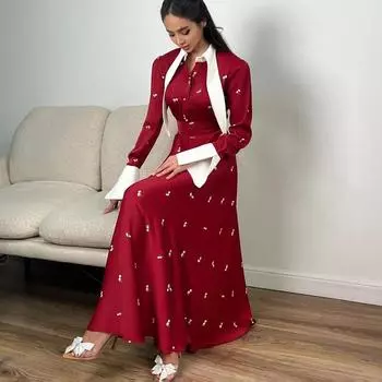 Женское элегантное платье макси с длинными рукавами и лацканами, рубашка на пуговицах, длинное платье с высокой талией, атласное платье А-силуэта, вечернее платье для женщин S красный