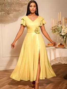 Женское элегантное платье макси с V-образным вырезом, рукавами-бабочками, 3D-цветами на талии и боковым разрезом. Идеально подходит для свадеб, гала-вечеров, демонстрирует изящный стиль. S золотой