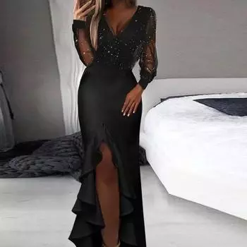 Женское элегантное платье макси с V-образным вырезом и длинными рукавами, сетчатое, с оборками, для невесты, подружек невесты, свадебные платья S чёрный