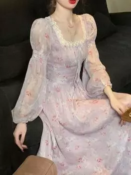 Женское элегантное платье миди с фиолетовым принтом и квадратным воротником, женское кружевное праздничное пляжное платье с длинными рукавами, тонкое вечернее платье S бежевый