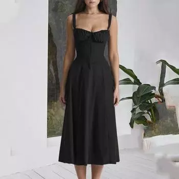 Женское элегантное платье на шнуровке на подтяжках, тонкое платье-бандо без рукавов с цветочным принтом, корсетное платье с разрезом по бокам и подолом, платье миди M чёрный