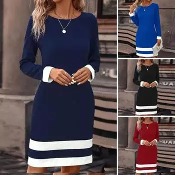 Женское элегантное платье-пуловер, повседневное платье с круглым вырезом и длинными рукавами в полоску, весенне-осеннее мини-платье, облегающее платье M