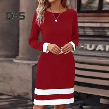 Женское элегантное платье-пуловер с полосатым принтом и круглым вырезом, повседневное платье с длинным рукавом, мини-платье, облегающее платье M чёрный