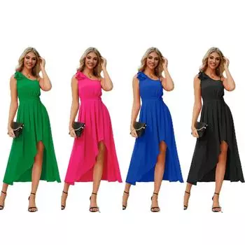 Женское элегантное платье с бантом и косой бретелькой нерегулярной длины L