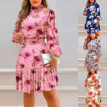 Женское элегантное платье с длинными рукавами и цветочным принтом, повседневные вечерние платья с круглым вырезом, милое плиссированное платье для девочек S синий