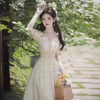 Женское элегантное платье с французским цветочным принтом и высокой талией Small