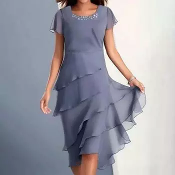 Женское элегантное платье с круглым вырезом и декором из бисера, платье миди с короткими рукавами, многослойное платье с тортом и подолом, струящееся платье для вечеринки, свадьбы, гостя S верблюд
