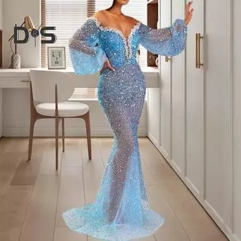 Женское элегантное платье с открытыми плечами, V-образным вырезом, пышным длинным рукавом, длиной до пола, с пайетками, прозрачным элегантным винтажным платьем L небесно-голубой