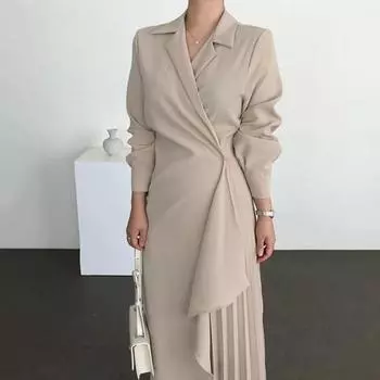 Женское элегантное платье с плиссированными лацканами и длинными рукавами, сплошной цвет, асимметричный подол, официальное деловое платье до щиколотки, выпускного вечера, банкета, официальное платье макси S чёрный