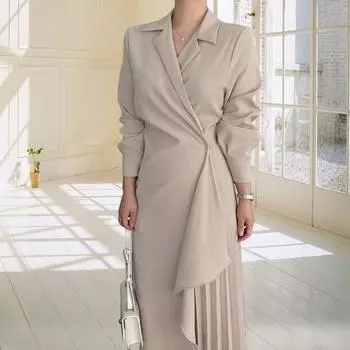 Женское элегантное платье с плиссированными лацканами и длинными рукавами, сплошной цвет, асимметричный подол, официальное деловое платье до щиколотки, выпускного вечера, банкета, официальное платье макси S чёрный