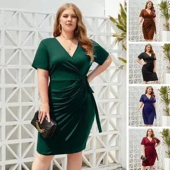 Женское элегантное платье с v-образным вырезом и коротким рукавом, с высокой талией и боковой шнуровкой, плиссированное платье больших размеров длиной до колена, уличная одежда XL чёрный