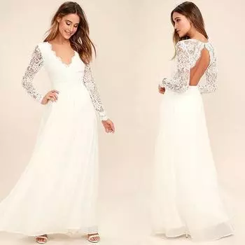 Женское элегантное платье с v-образным вырезом и длинными рукавами, кружевное свадебное платье макси, длинное платье для невесты, вечерние платья для невесты S белый