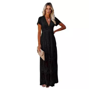Женское элегантное платье с V-образным вырезом и короткими рукавами, кружевное длинное платье для невесты, длинное платье, свадебное платье для подружки невесты L чёрный