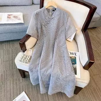 Женское элегантное платье с высоким воротом и слегка эластичным косым лацканом больших размеров 6XL