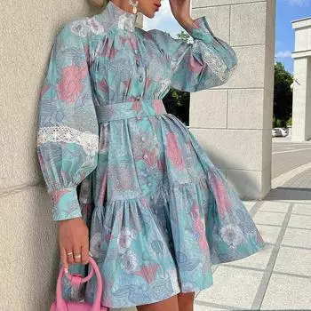 Женское элегантное платье со шнуровкой и принтом, рукавами-фонариками, высокой талией, воротником-стойкой, пуговицами, ретро-платья, осенняя мода, вечернее мини-платье S синий
