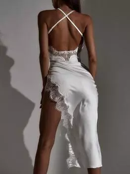 Женское элегантное платье-спагетти, модные сексуальные платья без рукавов, сетчатое лоскутное платье с открытой спиной, женское вечернее платье, платье S белый