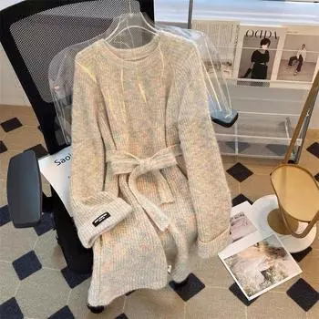 Женское элегантное платье-свитер на шнуровке осень-зима, новый мягкий свободный свитер с круглым вырезом и длинными рукавами, трикотажный топ средней длины S синий