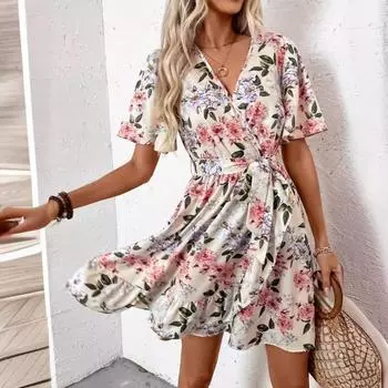 Женское элегантное платье свободного кроя с цветочным принтом, V-образным вырезом, рукавами-лотосами и поясом S белый