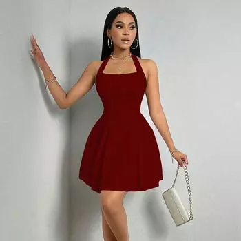 Женское элегантное платье-трапеция с открытой спиной и бретельками через шею, однотонное сексуальное вечернее платье А-силуэта S вино красного