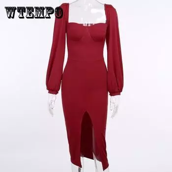 Женское элегантное платье в стиле ретро с длинными рукавами и пузырьковыми рукавами, тонкое и длинное изящное платье с разрезом L красный
