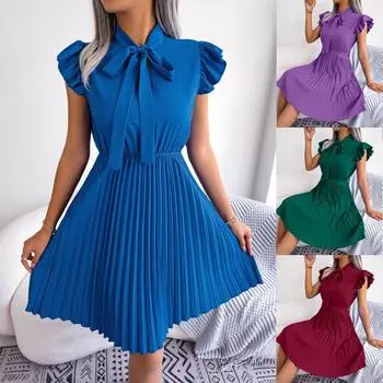 Женское элегантное плиссированное платье на весну и лето с высокой талией и большим складным воротником-бабочкой S вино красного