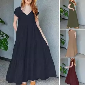 Женское элегантное плиссированное платье, однотонное платье с коротким рукавом и v-образным вырезом, модный вечерний длинный сарафан, повседневный пляжный S темно-синий