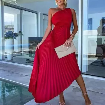 Женское элегантное плиссированное платье с нерегулярным подолом, женское платье макси с диагональным воротником и открытой спиной, вечернее платье без рукавов со средней посадкой и рюшами L оранжевый