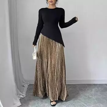 Женское элегантное плиссированное платье с ярким принтом S чёрный