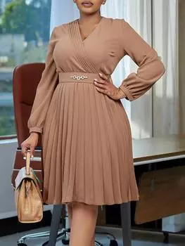 Женское элегантное плиссированное платье с V-образным вырезом, длинным рукавом-фонариком, высокой талией, скромное офисное женское стильное африканское платье, женские церковные наряды S хаки