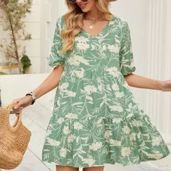 Женское элегантное плиссированное вечернее платье с принтом, повседневное, с коротким рукавом, свободное, бохо, летнее, сексуальное, с V-образным вырезом S зелёный