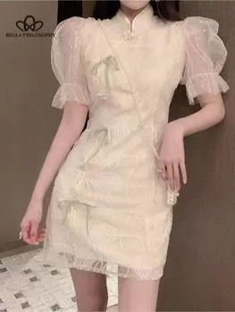 Женское элегантное повседневное праздничное платье с вышитыми бисером и цветочными листьями, сетчатое платье Cheongsam с пышными рукавами, винтажное платье S бежевый