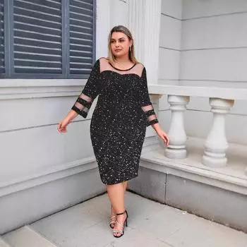 Женское элегантное сетчатое платье большого размера с бахромой и ягодицами 0XL чёрный