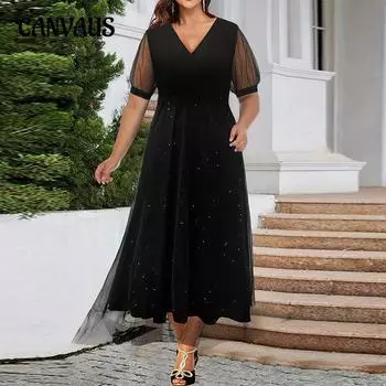 Женское элегантное сетчатое платье с короткими рукавами и V-образным вырезом больших размеров, осеннее платье А-силуэта, длинные платья 1XL чёрный