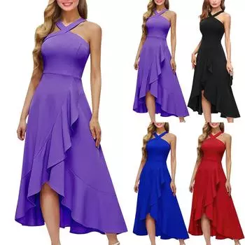 Женское элегантное сексуальное модное вечернее платье без рукавов с оборками S синий